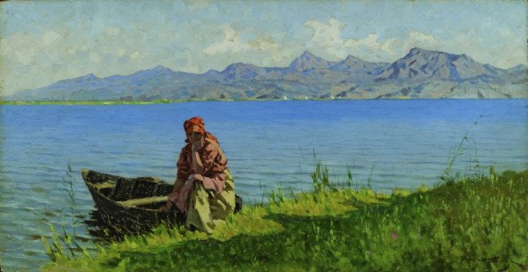 Angiolo Tommasi, Barcaiola sul lago di Massaciuccoli, 1895, olio su tavola cm28x54,5, Butterfly institure Fine Art