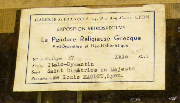 . Etichetta rinvenuta nel retro della icona che ha permesso di risalire al catalogo della mostra di Lione in cui l’opera è stata esposta nel 1935