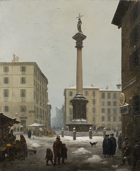 Lotto 219 ANGELO INGANNI (Brescia 1807 - Gussago 1880) "La colonna di S.Martiniano al Verziere con effetto di neve" 1845 olio su tela (cm 77.5x64) Valutazione 40.000/42.000