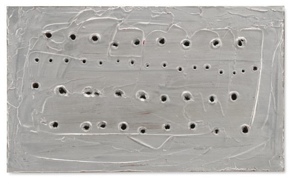 Lucio Fontana CONCETTO SPAZIALE SIGNED AND AUTHOR'S FINGER PRINT ON THE REVERSE, OIL, HOLES AND SILVER VARNISH. EXECUTED IN 1960 Estimate   400,000 — 600,000  EUR