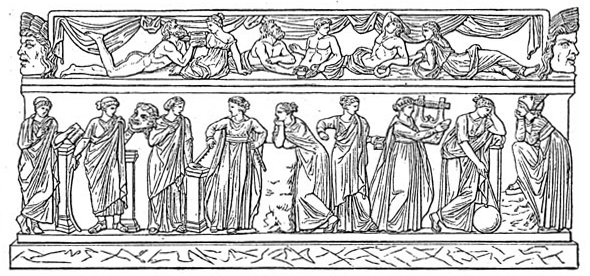 Clio, Thalia, Erato, Euterpe, Polyhymnia, Calliope, Terpsichore, Urania e Melpomene, sarcofago in marmo (Parigi, Louvre).
