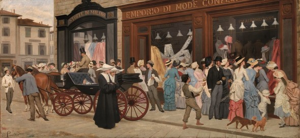 Antonio Puccinelli (Castelfranco Di Sotto (PI) 1822 - Firenze 1897) LA MODA olio su tela, cm 61x130,5 firmato in basso a sinistra