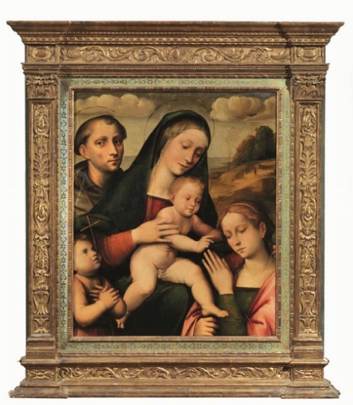 Giacomo Francia (Bologna 1486-1567) MATRIMONIO MISTICO DI SANTA CATERINA CON SAN GIOVANNINO E FRAQNCESCO Olio su tavola parchettata | cm. 63,5x52 | stima € 30.000/50.000