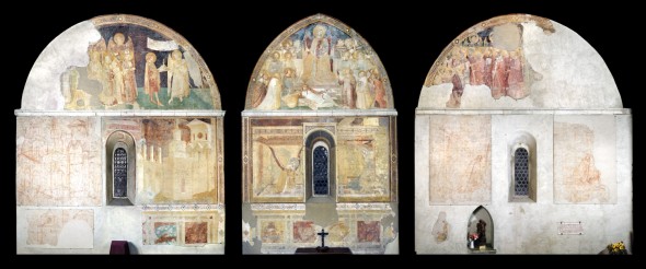 Prospetti delle pareti della cappella con gli affreschi di Ambrogio Lorenzetti nella chiesa di San Galgano a Montesiepi (foto Andrea Sbardellati, 2015)