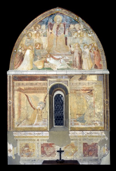 prospetto della parete centrale della cappella con gli affreschi di Ambrogio Lorenzetti nella chiesa di san Galgano a Montesiepi (foto Andrea Sbardellati, 2015)