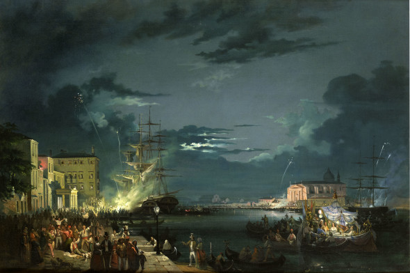 Carlo Grubacs, Notturno con la festa del Redentore, olio su tela, 67 x 100 cm. Collezione privata