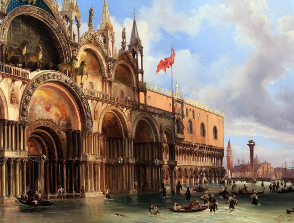 Federico Moja, Piazza San Marco con l'acqua alta, olio su tela, 70 x 89 cm. Milano, collezione privata