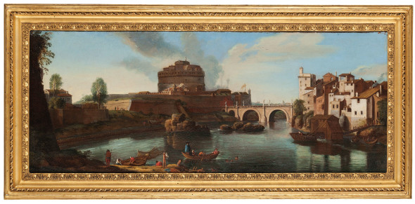 1241. ISAAC DE MOUCHERON (Emden, 1633 - Amsterdam, 1686) Veduta del Tevere con il Castel Sant'Angelo Olio su tela, cm 36X92 Stima € 15.000 - 20.000 