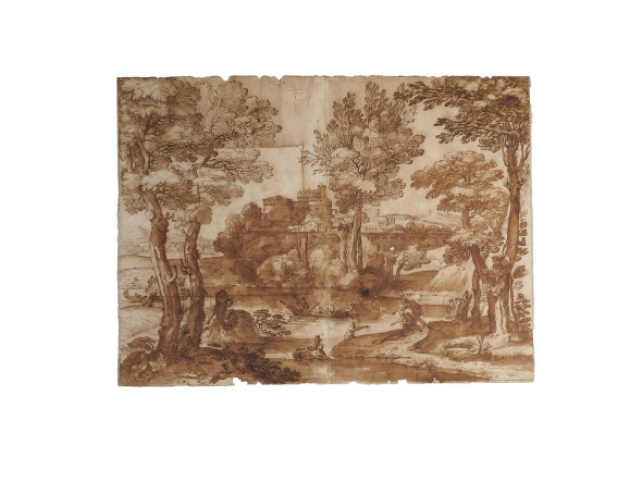 Giovanni Francesco Grimaldi(1606-1680) Paesaggio fluviale con alberi e imbarcazioni in primo piano e villaggio sullo sfondo penna e inchiostro bruno, acquerello su carta, mm 409x538 2.000,00