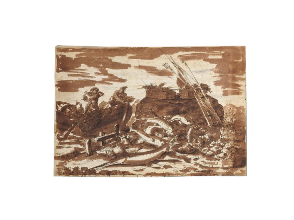 Cerchia di Luca Giordano XVII secolo Approdo di pescatori con il pescato penna e inchiostro bruno, acquerello, tracce di matita su carta, mm 313x444 1.500,00