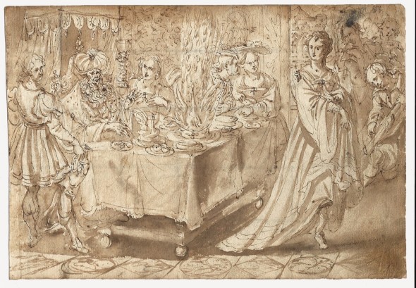 Frans FRANCKEN I (Herentals 1542 – Antwerp1616) Salome' che balla al cospetto di Erode Penna, inchiostro bruno e acquerello su carta, mm 178 x 257 Provenienza: Madrid, collezione privata.