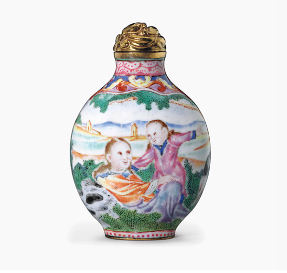 A RARE AND FINELY PAINTED GUANGZHOU ENAMEL 'EUROPEAN-SUBJECT' SNUFF BOTTLE IMPERIAL, GUANGZHOU WORKSHOPS, QIANLONG FOUR-CHARACTER MARK IN BLUE ENAMEL AND OF THE PERIOD (1736-1795) The bottle is decorated with a brightly colored continuous scene of two pairs of European gentleman in a European style landscape. On one side the pair attempts to catch a brown and black dog with a blanket. The reverse is decorated with another pair of European gentleman, one reclining as the other points to the distance. 1 7/8 in. (4.8 cm.) high, metal stopper Estimate (Set Currency) $22,000 – $32,000 SAVE AS INTEREST FOLLOW PLACE BID Sale Information SALE 11786 — THE RUTH AND CARL BARRON COLLECTION OF FINE CHINESE SNUFF BOTTLES: PART II 16 March 2016 New York, Rockefeller Plaza