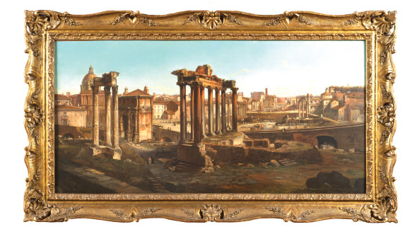 132 GIUSEPPE CANELLA, ATTRIBUITO Verona 1788 - Milano 1847 "Veduta del Foro Romano", olio su tela, datato Roma 1829 in basso a sinistra, entro cornice. 55,5x112 cm. € 8.000/12.000