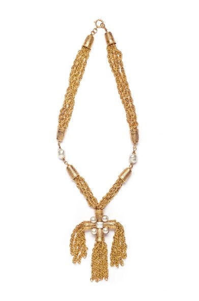 Moschino collana Ditali in ottone dorato, perle di imitazione, strass