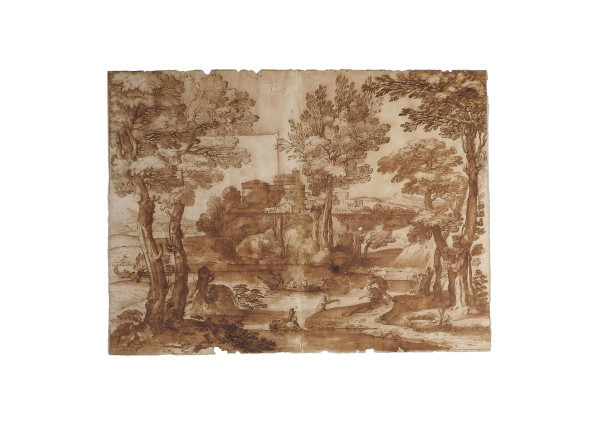 Giovanni Francesco Grimaldi(1606-1680) Paesaggio fluviale con alberi e imbarcazioni in primo piano e villaggio sullo sfondo penna e inchiostro bruno, acquerello su carta, mm 409×538 stima: 2.000 € 