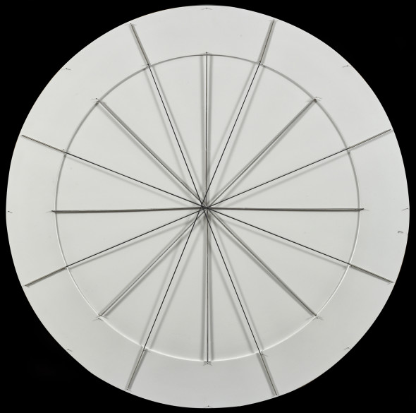 GIANNI COLOMBO Spazio elastico (bianco) [Elastic Space (White)], 1973 Wood, paint, nails, elastic metal cord Diameter 80 cm / 31.5 in