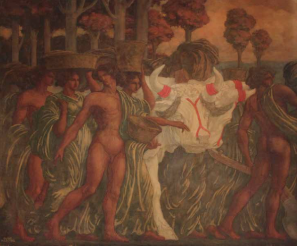 46 GUIDO MARUSSIG (Trieste 1885 - Gorizia 1972) Allegoria della semina, 1941 Olio su tela, cm 260 x 300 € 50.000 - 100.000