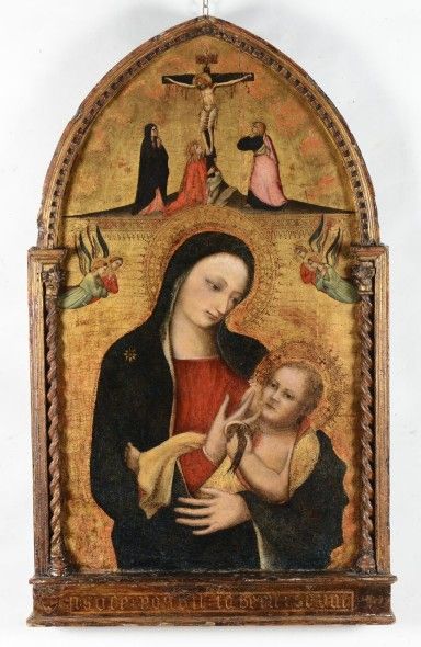Giovanni del Biondo Madonna con bambino angeli e crocifissione di Cristo olio su tela, cm 96x58 € 80.000 - 100.000 