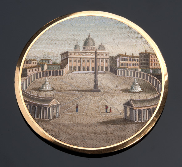 Lotto 112 – Placca in micromosaico con veduta di San Pietro, Roma fine XIX Secolo. Collezione Petochi  (€ 4.600/6.200) 