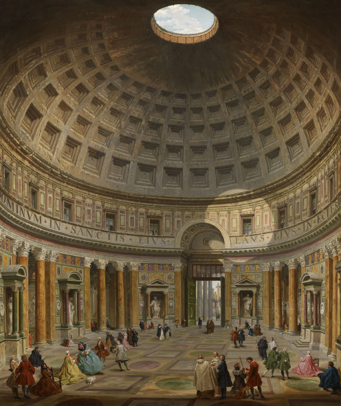 Galleria Lampronti - Giovanni Paolo Panini (Piacenza 1691 – 1765 Roma) -  L'interno del Pantheon, Roma, guardando a nord dall'altare maggiore verso l'ingresso, oltre Piazza della Rotonda, olio su tela, 116,8 x 99 cm