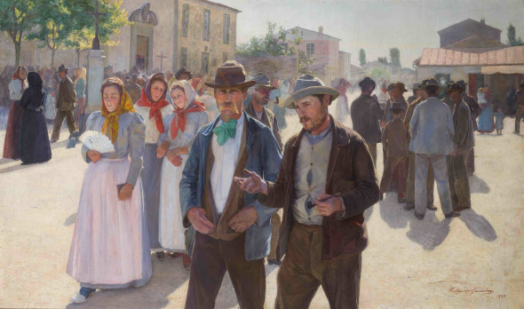 Raffaello Gambogi (Livorno 1874 - 1943) La mattina del giorno di festa, 1899 olio su tela, cm 83 x 140
