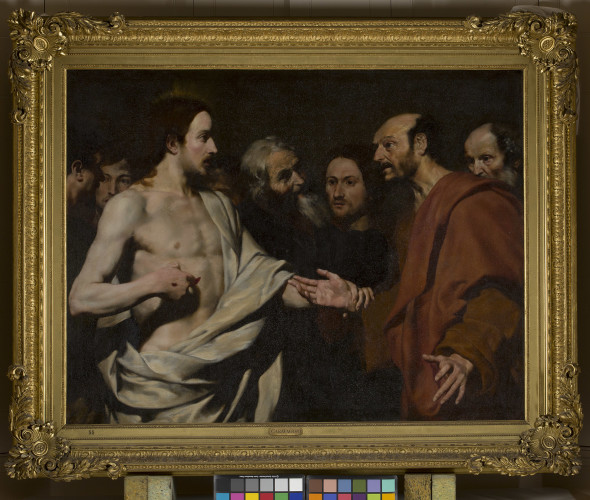 Giovanni Antonio Galli, called Lo Spadarino The Incredulity of Saint Thomas, 1620s Oil on canvas 114.3 x 148.6 cm © From the Collection at Wrotham Park 