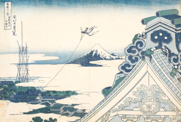 Katsushika Hokusai Il santuario Honganji di Asakusa a Edo, dalla serie Trentasei vedute del monte Fuji (1830-1832 circa)  Silografia policroma, 24,7 x 36,5 cm - Honolulu Museum of Art
