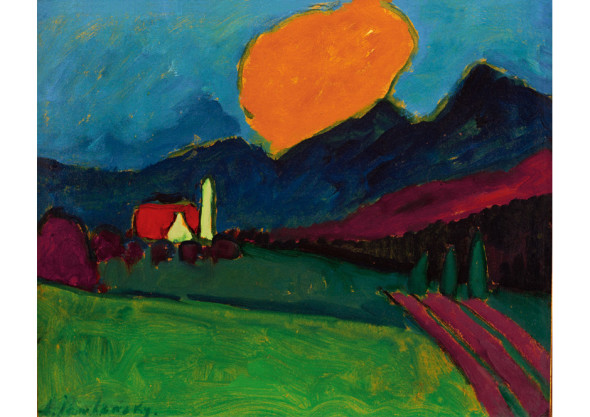 Alexej von Jawlensky Murnau, Landschaft, orange Wolke, um 1909, Öl auf Pappe, Privatsammlung