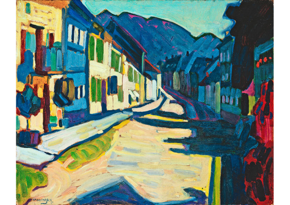 Wassily Kandinsky, Murnau – Obermarkt mit Gebirge, 1908, Öl auf Karton, Privatsammlung