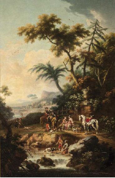 VITTORIO AMEDEO CIGNAROLI (Torino, 1730 - 1800) Paesaggio con rovine e cacciatori Olio su tela, cm 190X125 Stima € 25.000 - 30.000