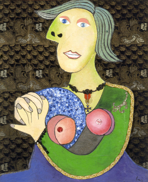 Enrico Baj, Donna seduta, 1969. Tecnica mista su tela, 114 x 92 cm