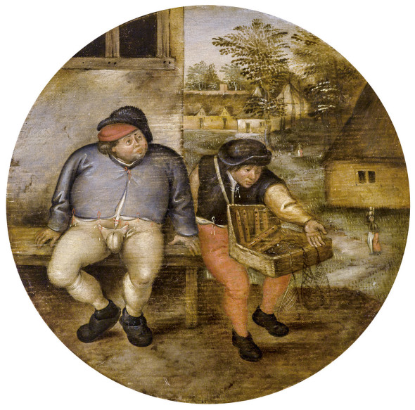 Pieter Brueghel II (1564-1638) Contadino ed un ambulante seduti su una panca, olio su tavola, diam. 18 cm  stima € 180.000 - 220.000  
