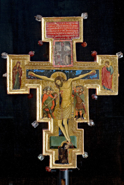 Maestro di Sant’Alò, Croce-reliquiario bifacciale, fine del sec. XIV, tempera su tavola, cm 45x28,3. Spoleto, Museo del Ducato