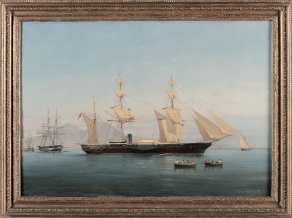 Tommaso de Simone (1805-1888) Ritratto dell'HMS Majcienne nel golfo di Napoli olio su tela, cm 46x67, firmato in basso a destra € 5.000 - 6.000 