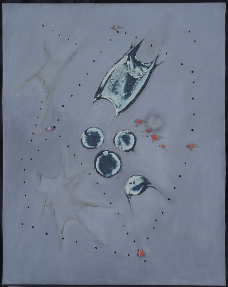 Concetto spaziale di Lucio Fontana (1955, olio e tecnica mista su tela, vetri rossi e rosa su fondo grigio-azzurro, azzurro e blu, cm 100x80, stima: 700.000/1.200.000 Euro). 