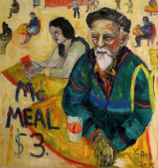 Simon Gaon, Artist contemplating in McDonald's , 2015, 127 x 137 cm, olio su lino/ oil on linen