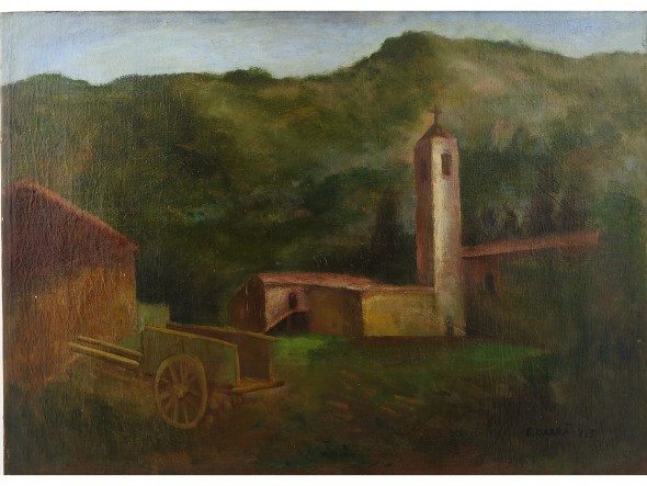 Lotto 1005 Carlo Carrà (1881-1966) San Martino 1925 olio su tela, firmato e datato, in cornice, lievissime cadute di colore cm 40x55 Stima 15.000,00 / 20.000,00 Aggiudicato per € 18.750,00