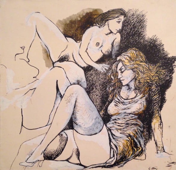 Renato Guttuso, Tre donne,1979, tempera e acrilico su cartoncino incollato su tela, cm. 50x50