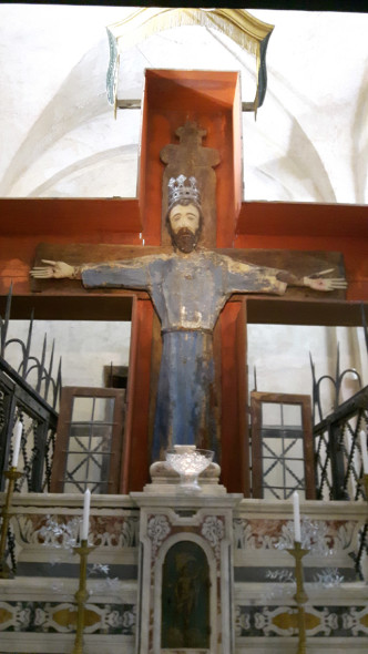 11. Noli (SV) - Chiesa di San Paragorio, Crocifisso ligneo (copia del Volto Santo), metà XIII secolo [foto ©Jessica Ferrari]