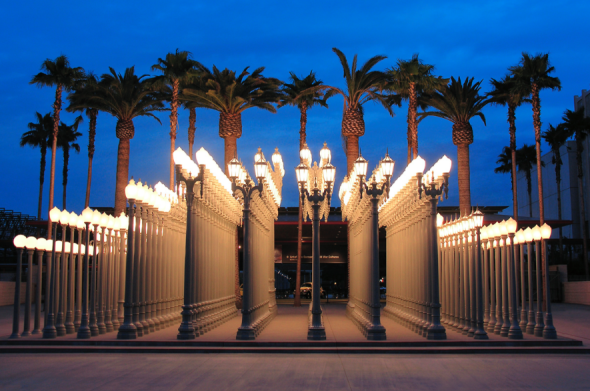 Chris Burden Urban Light, 2008 (Two-hundred and two) restored cast iron antique street lamps 320 1/2 x 686 1/2 x 704 1/2 in. (814.07 x 1743.71 x 1789.43 cm) Los Angeles County Museum of Art, The Gordon Family Foundation's gift to "Transformation: The LACMA Campaign" (M.2007.147.1-.202) © Chris Burden. Photo credit Richard Rownak - rownak.com