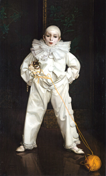 Vittorio Amedeo Corcos, Pierrot con gattino, olio su tela, 136 x 107 cm. Collezione privata