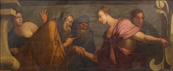 Giulio Carpioni, LA NINFA LIRIOPE ACCOGLIE L´INDOVINO TIRESIA, Olio su tela, cm. 80x191