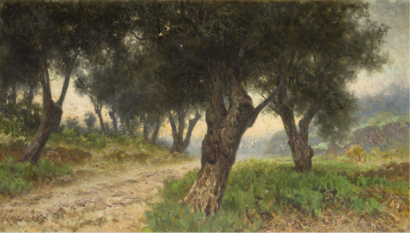 Francesco Lojacono, L’oliveto, olio su tela, cm 58,5 x 112,5 Stima € 5.000 – 8.000