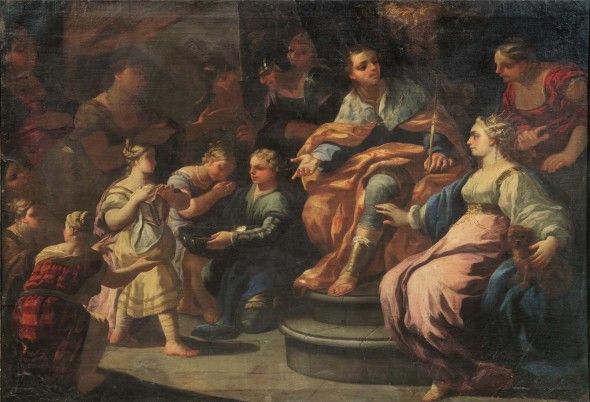 Scuola napoletana, fine sec. XVII - inizi XVIII, SCENA BIBLICA, olio su tela, cm 125x180,5