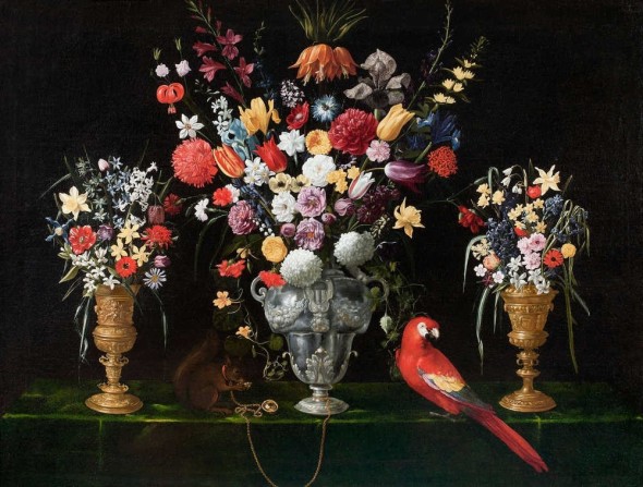 Pittore caravaggesco, Tre vasi di fiori, scoiattolo e pappagallo su tavolo Collezione privata