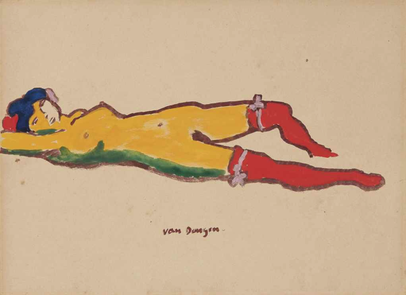 Kees van Dongen (1877-1968) Nu couché aux bas rouges signé 'van Dongen' (en bas au centre) gouache sur papier 24.6 x 33.7 cm. Exécuté vers 1910 EUR 100,000 - EUR 150,000 