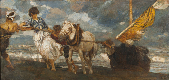 Ettore Tito, La gomena, 1910 circa, olio su tela, 70 x 150 cm