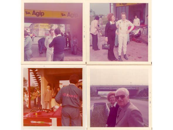 Due albums di fotografie originali a colori con E. Ferrari, P. Lardi Ferrari, M. Forghieri, N. Lauda, G. Villeneuve e le Ferrari 312 P, 1974. Cm. 9x9