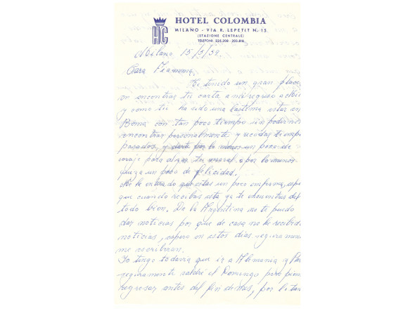 Lettera manoscritta di J. M. Fangio a F. Breschi, 1959, con busta      