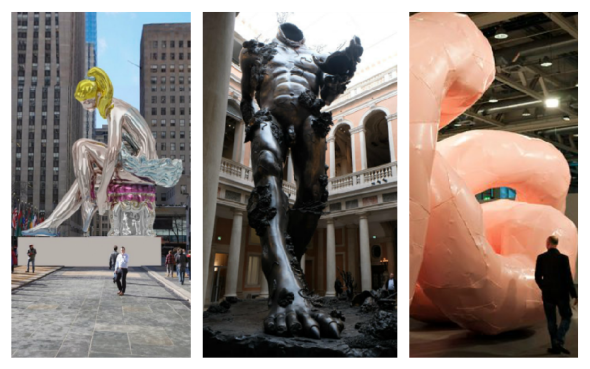 La ballerina di Koons a New York a sn, una scultura di Hirst a Veneiza al centro e un'opera di Franz West alla 43^ edizione di Art Basel